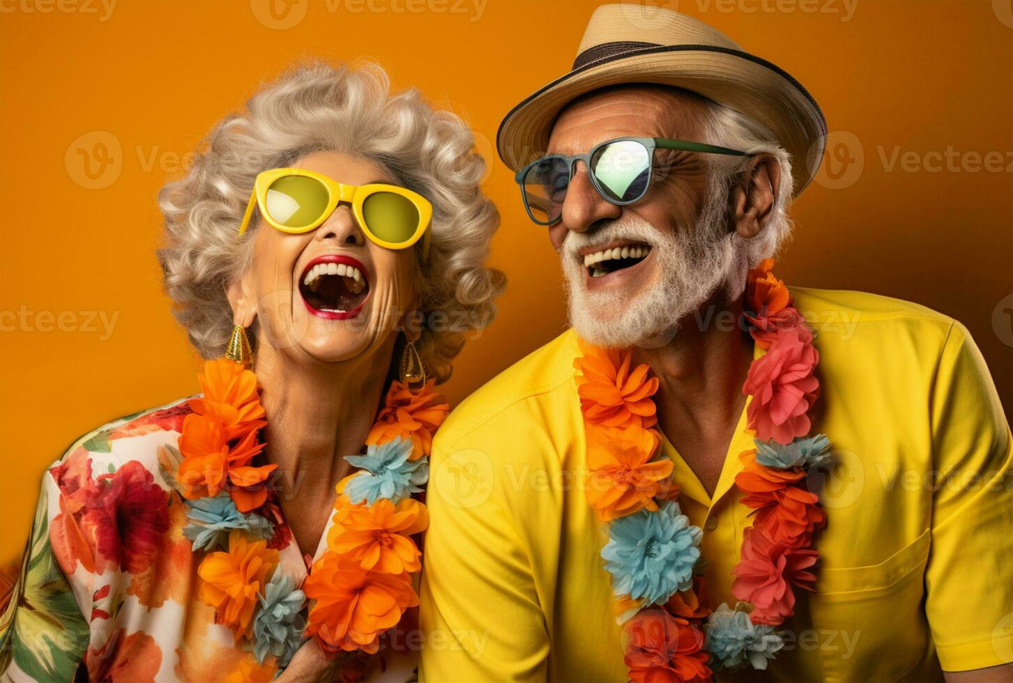 Cheerful senior couple posing on a yellow background. Beauty, fashion AI Generated photo