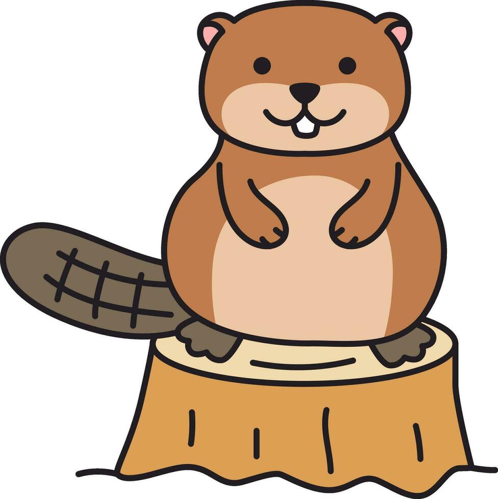 Beaver sitting on a stump. Vector illustration in cartoon style.