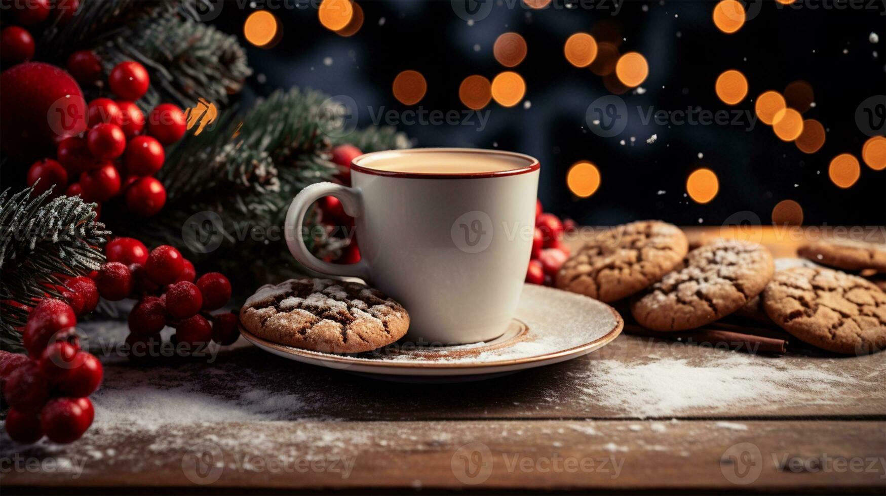 Navidad taza de café y galletas en un de madera antecedentes con Navidad árbol y bokeh ai generado foto