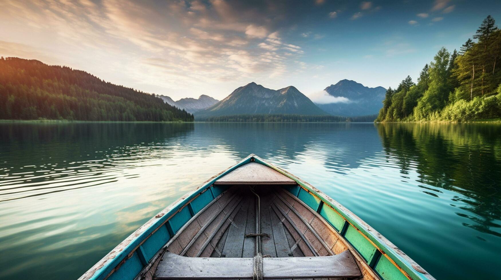 A small boat floating on top of a lake, Generative AI photo