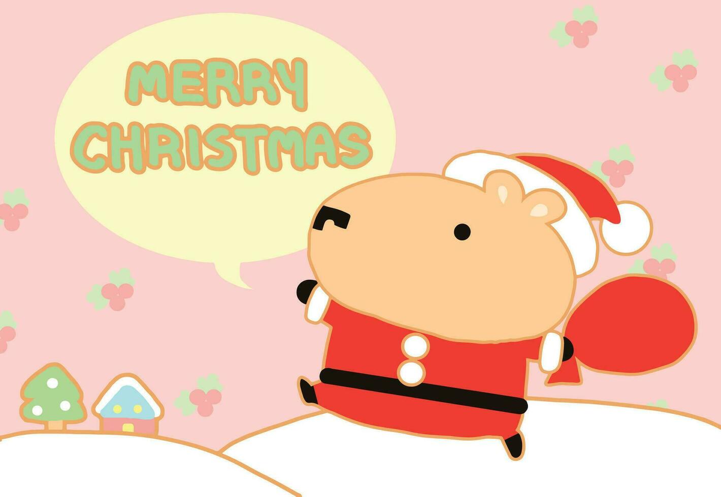 Happy little capybara says Merry Christmas, cartoon style with background. vector