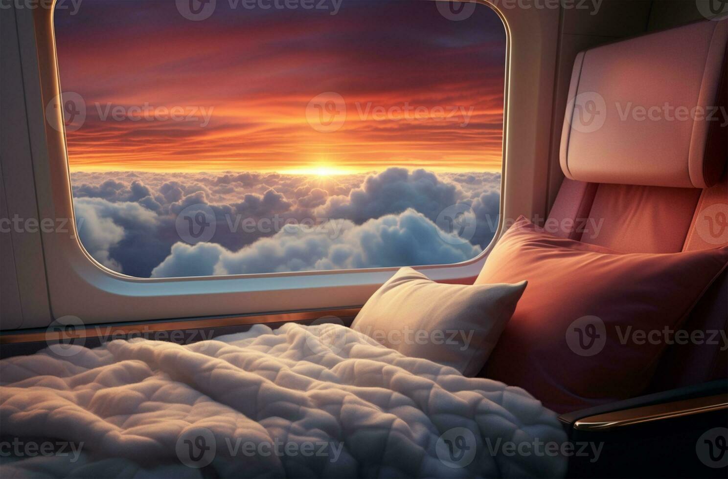 Airplane window view of clouds and sky at sunset. Travel concept AI Generated photo