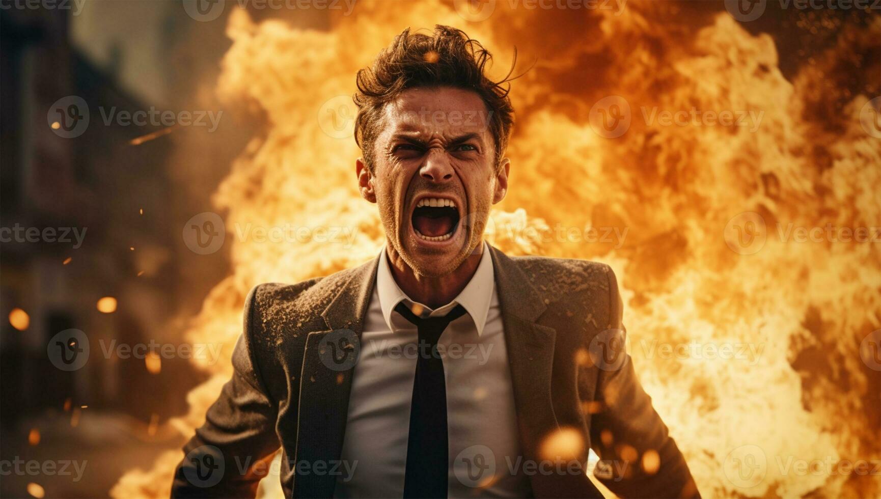 Aggressive businessman screaming in front of a burning building. Fire concept. AI Generated photo