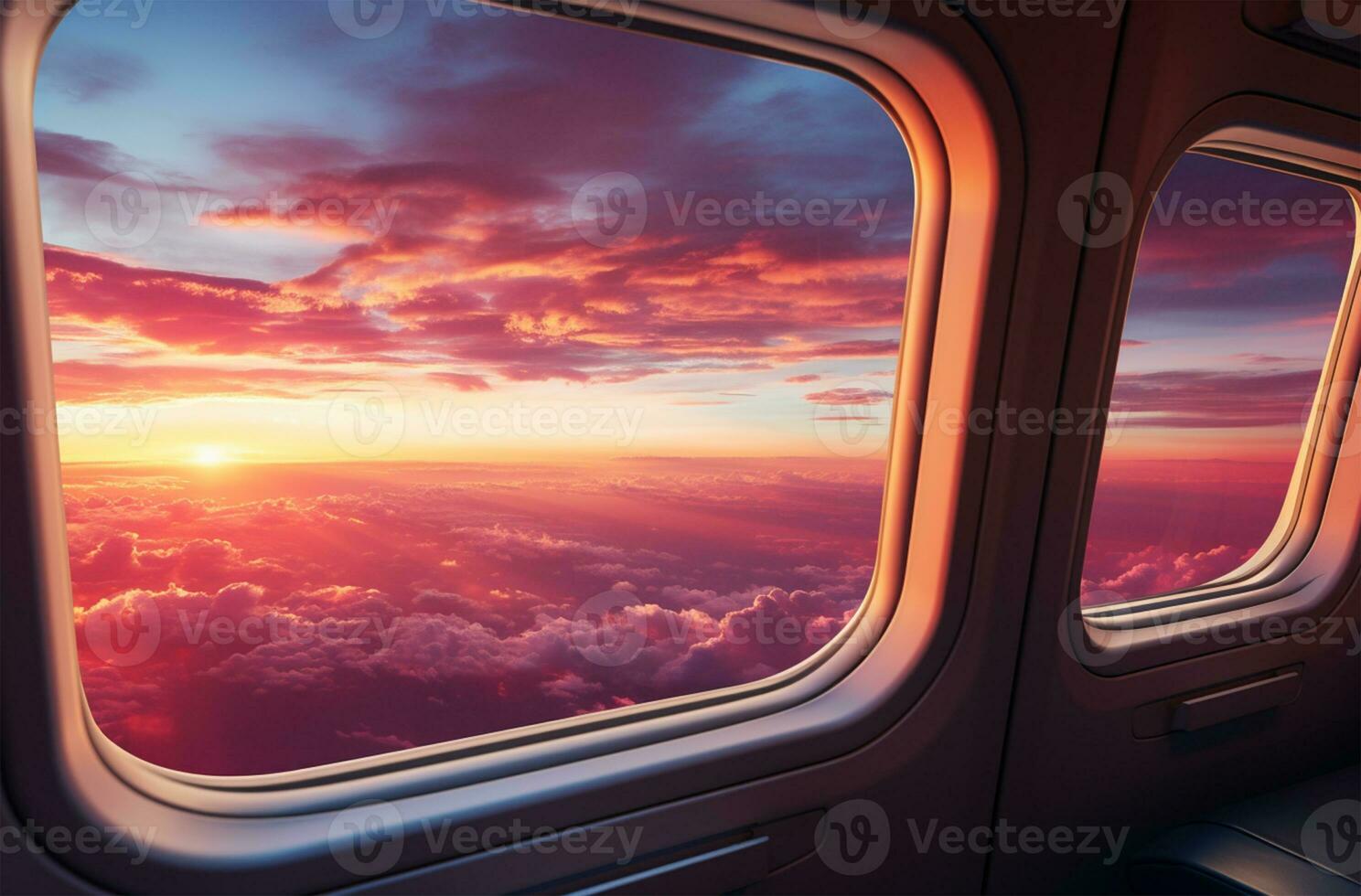 Airplane window view of clouds and sky at sunset. Travel concept AI Generated photo