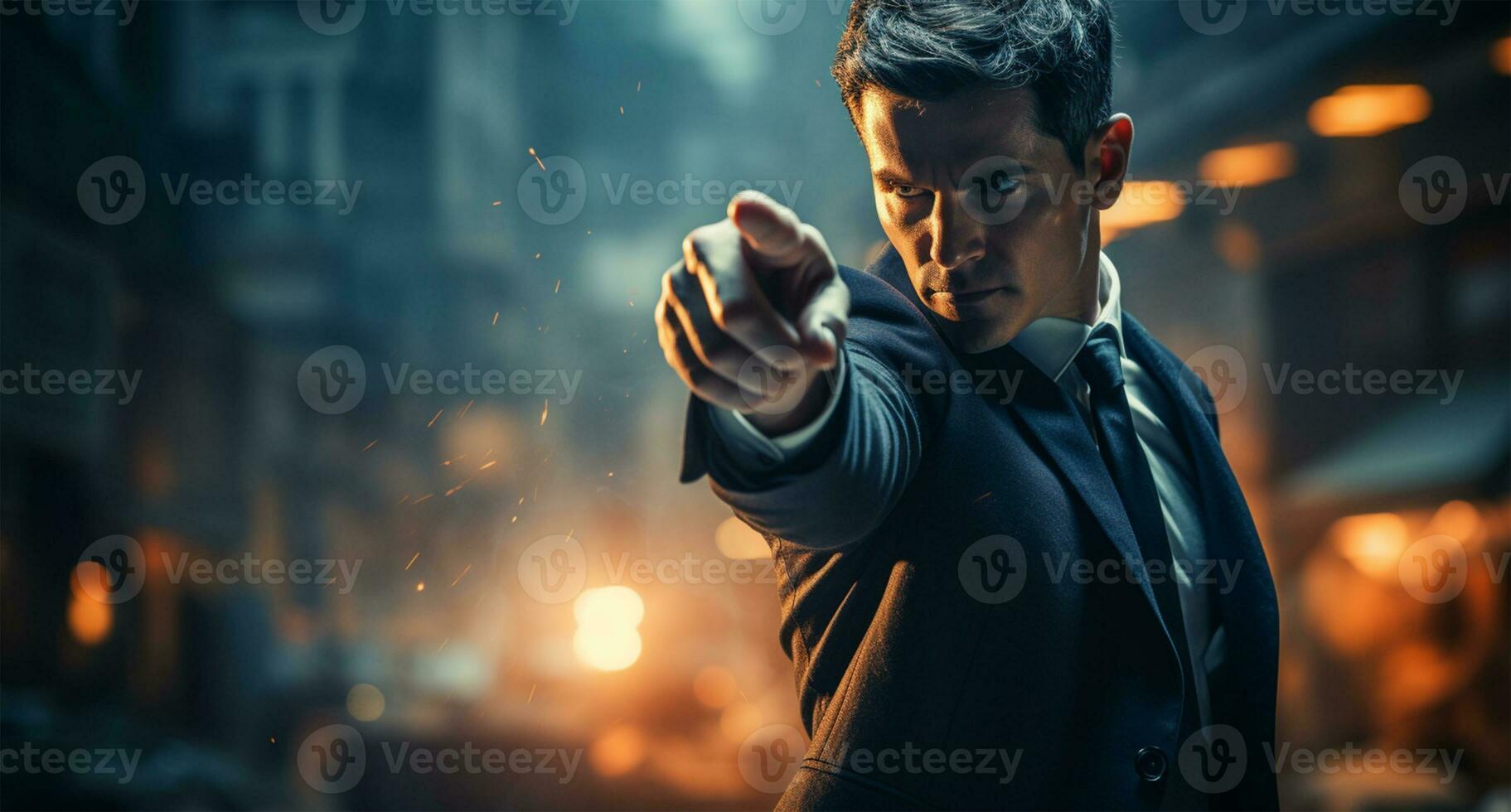 Close up of businessman pointing with finger at camera and blurred city background AI Generated photo