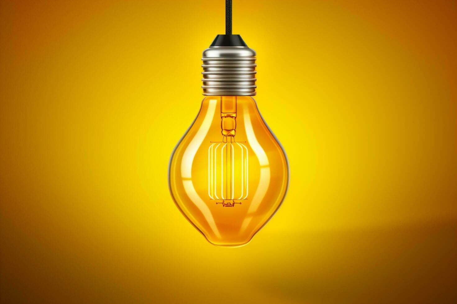 A light bulb hanging from a wire on a yellow background,  Generative AI photo