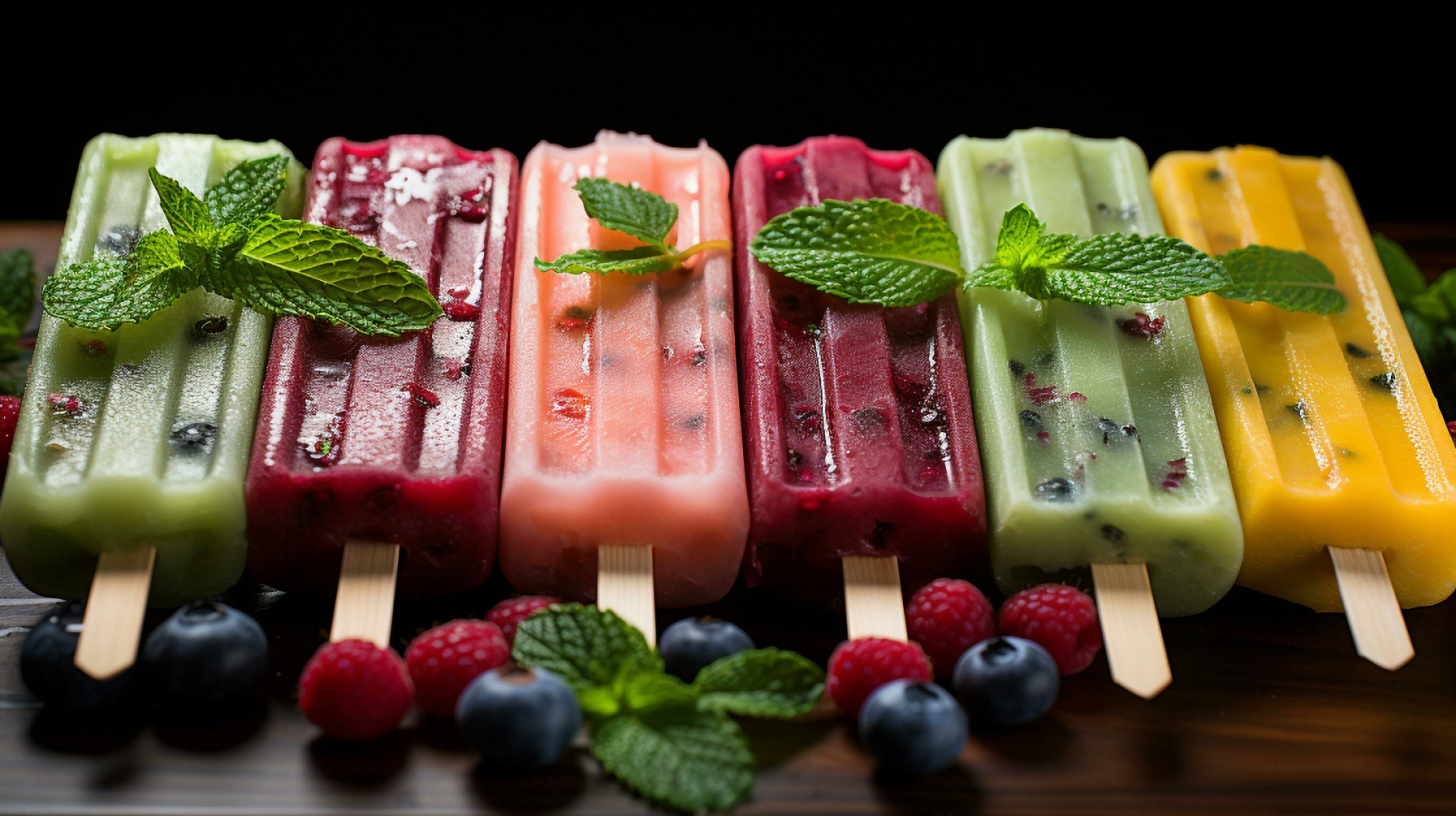 A row of popsicles filled with different types of popsicles, Generative