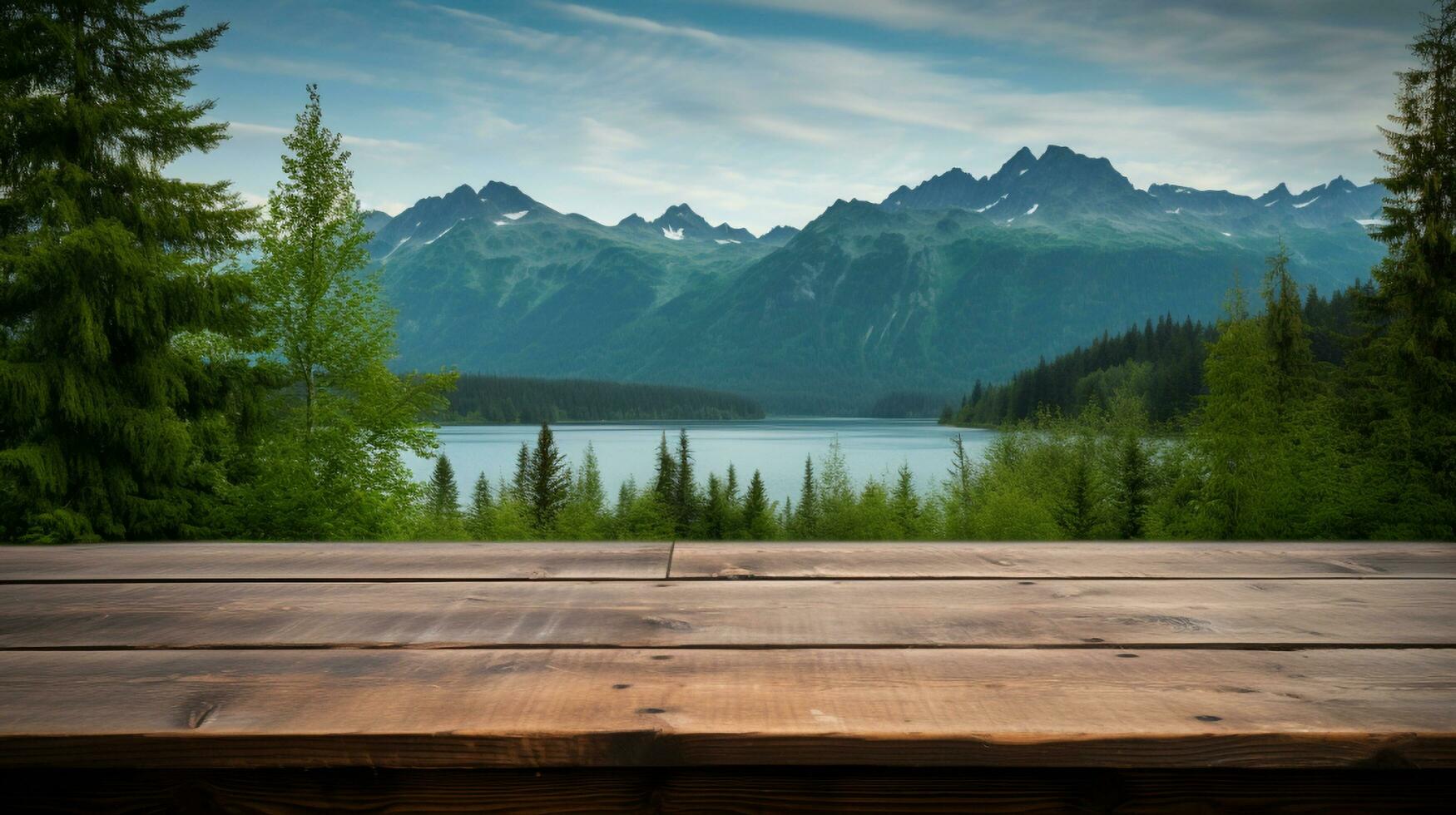 A wooden table sitting on top of a lush green hillside, Generative AI photo