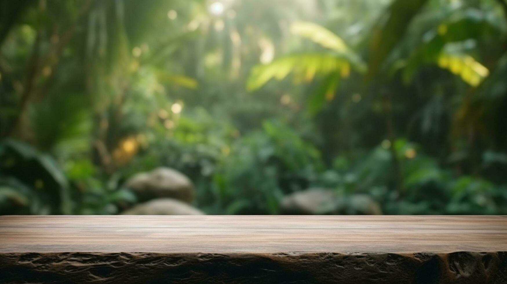 A wooden table top in front of a jungle background, Generative AI photo