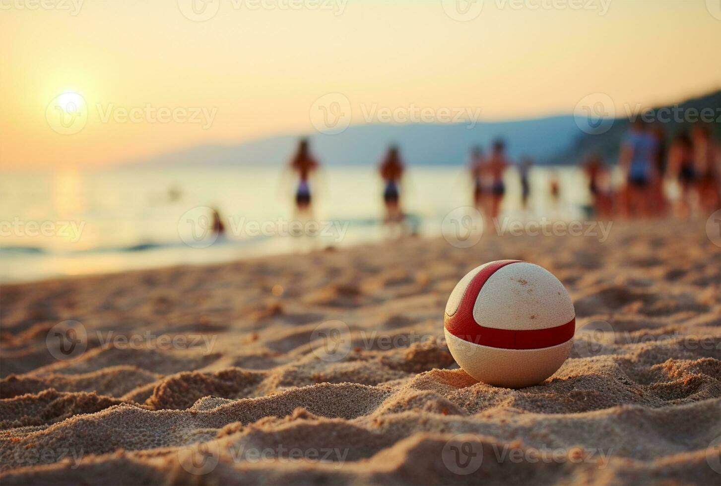 Soccer ball on the sand beach with blue sky and sea background AI Generated photo