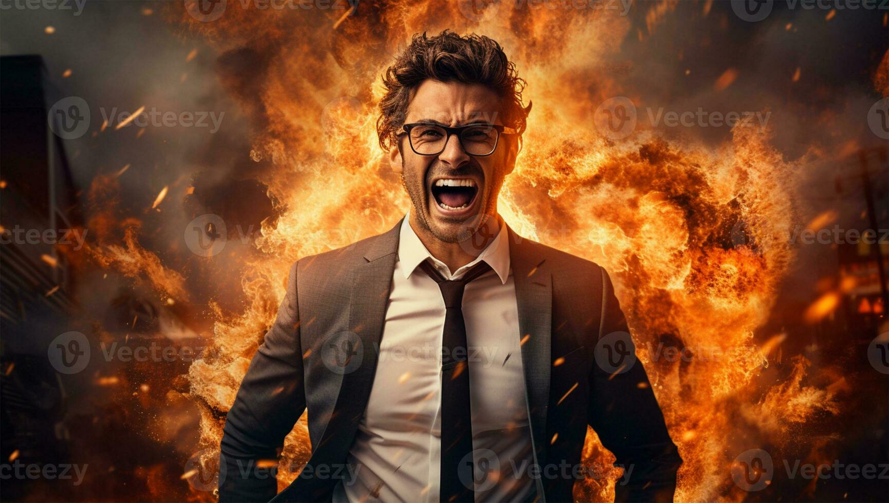 Aggressive businessman screaming in front of a burning building. Fire concept. AI Generated photo