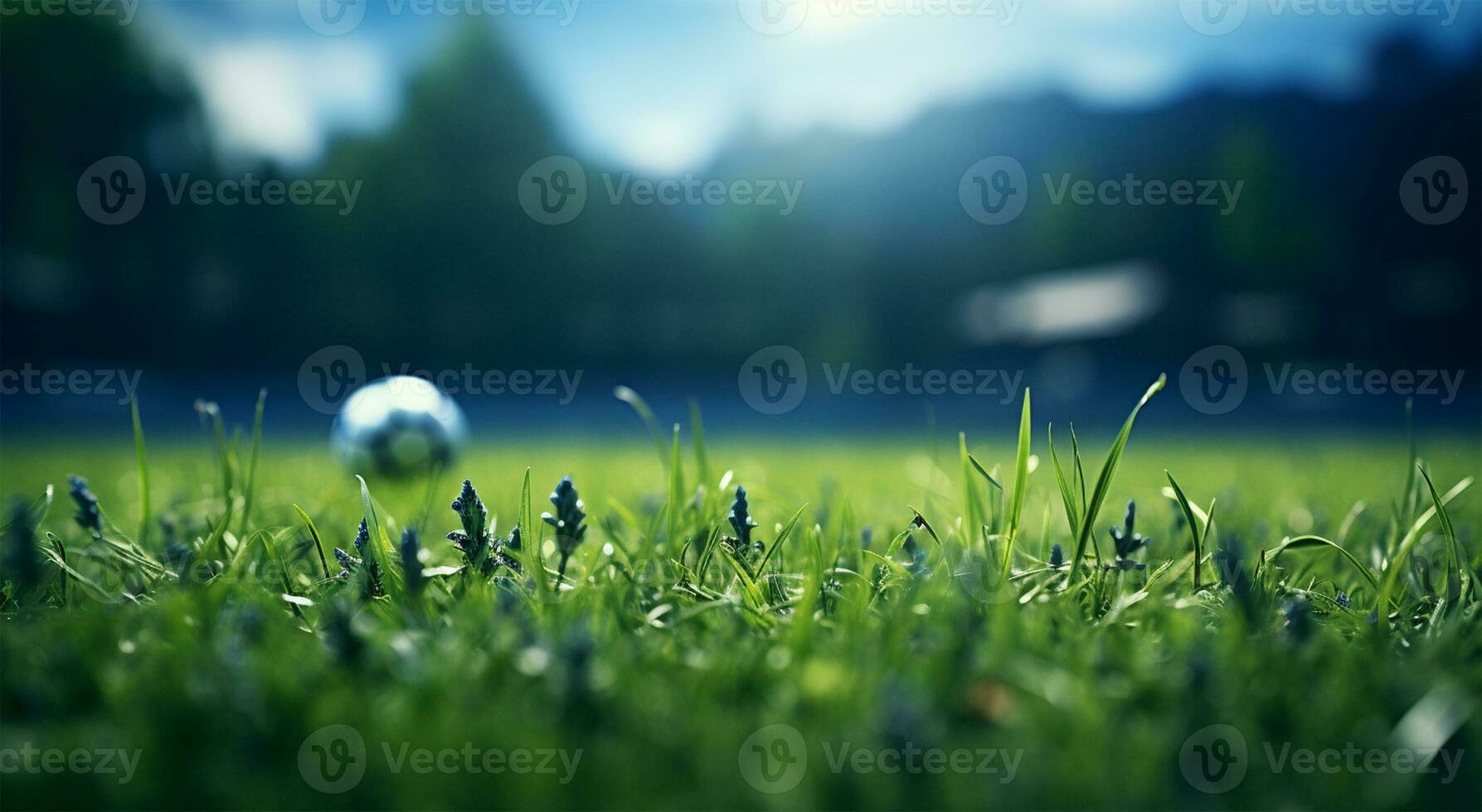 Football or soccer field with green grass and blurred background of stadium AI Generated photo