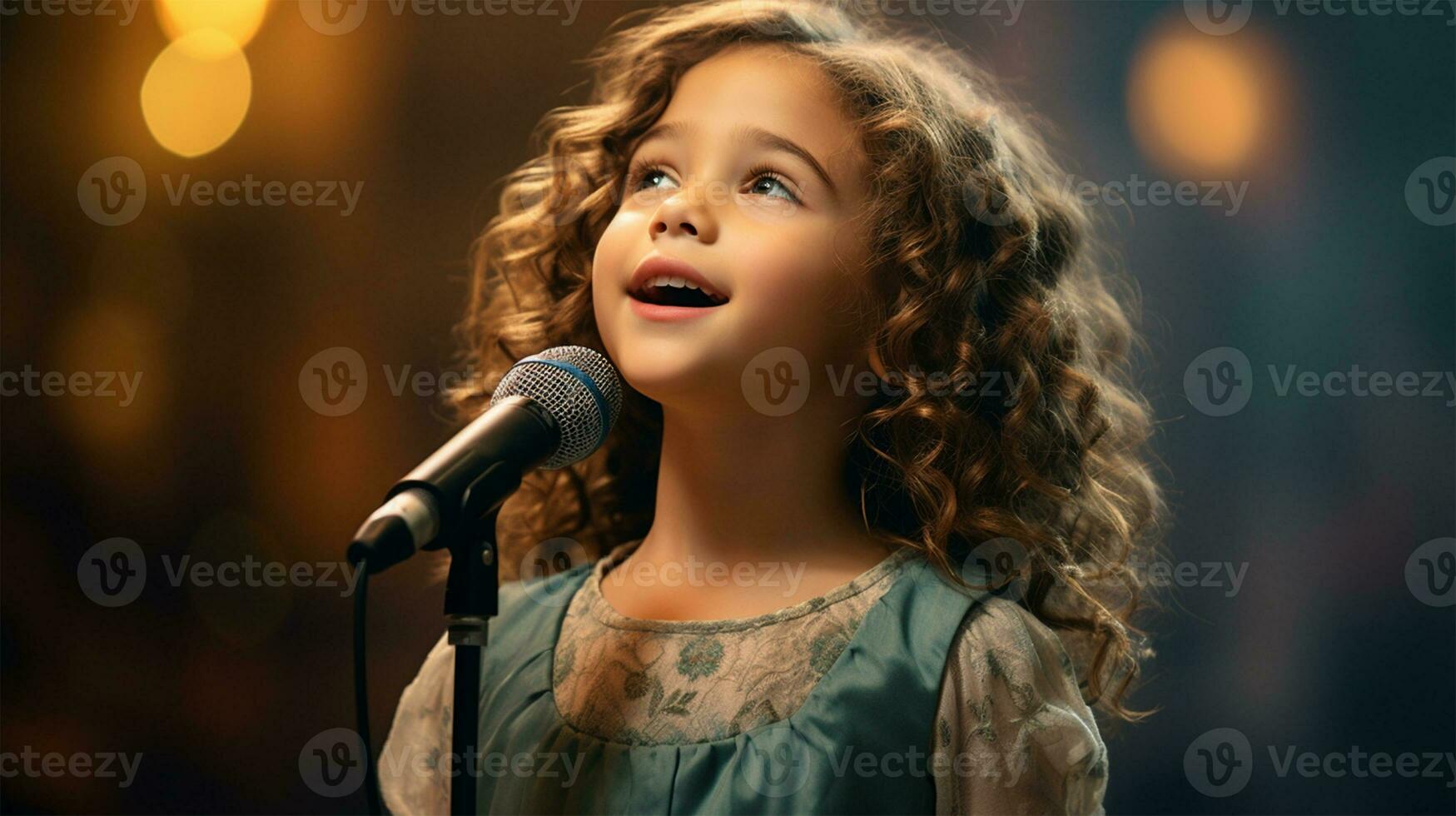 pequeño niña canto dentro un micrófono a un concierto en el noche ai generado foto
