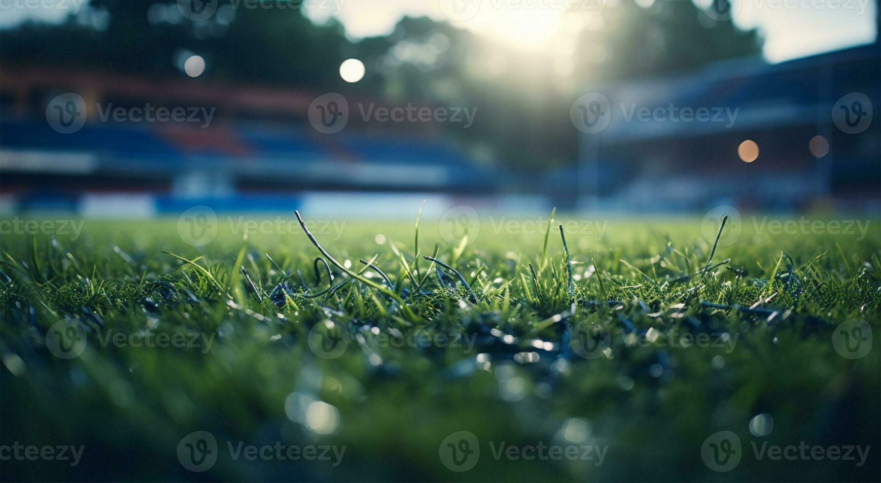 fútbol americano o fútbol campo con verde césped y borroso antecedentes de estadio ai generado foto