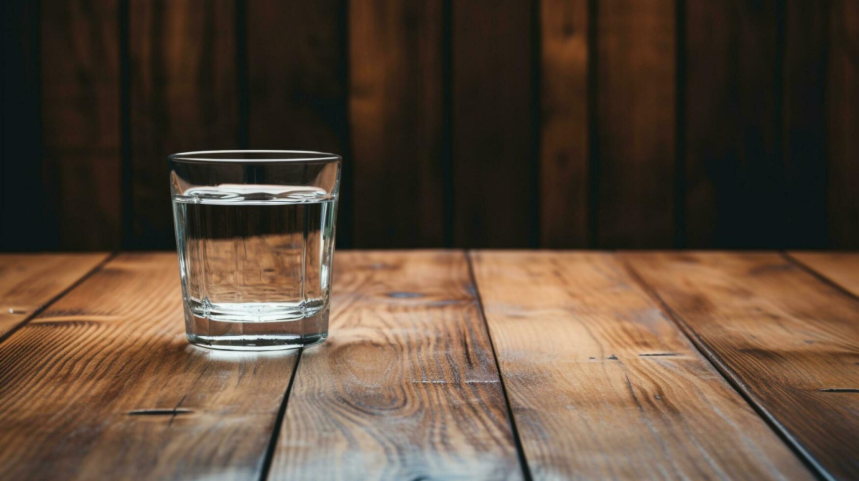 un vaso de agua sentado en parte superior de un de madera mesa, generativo ai foto