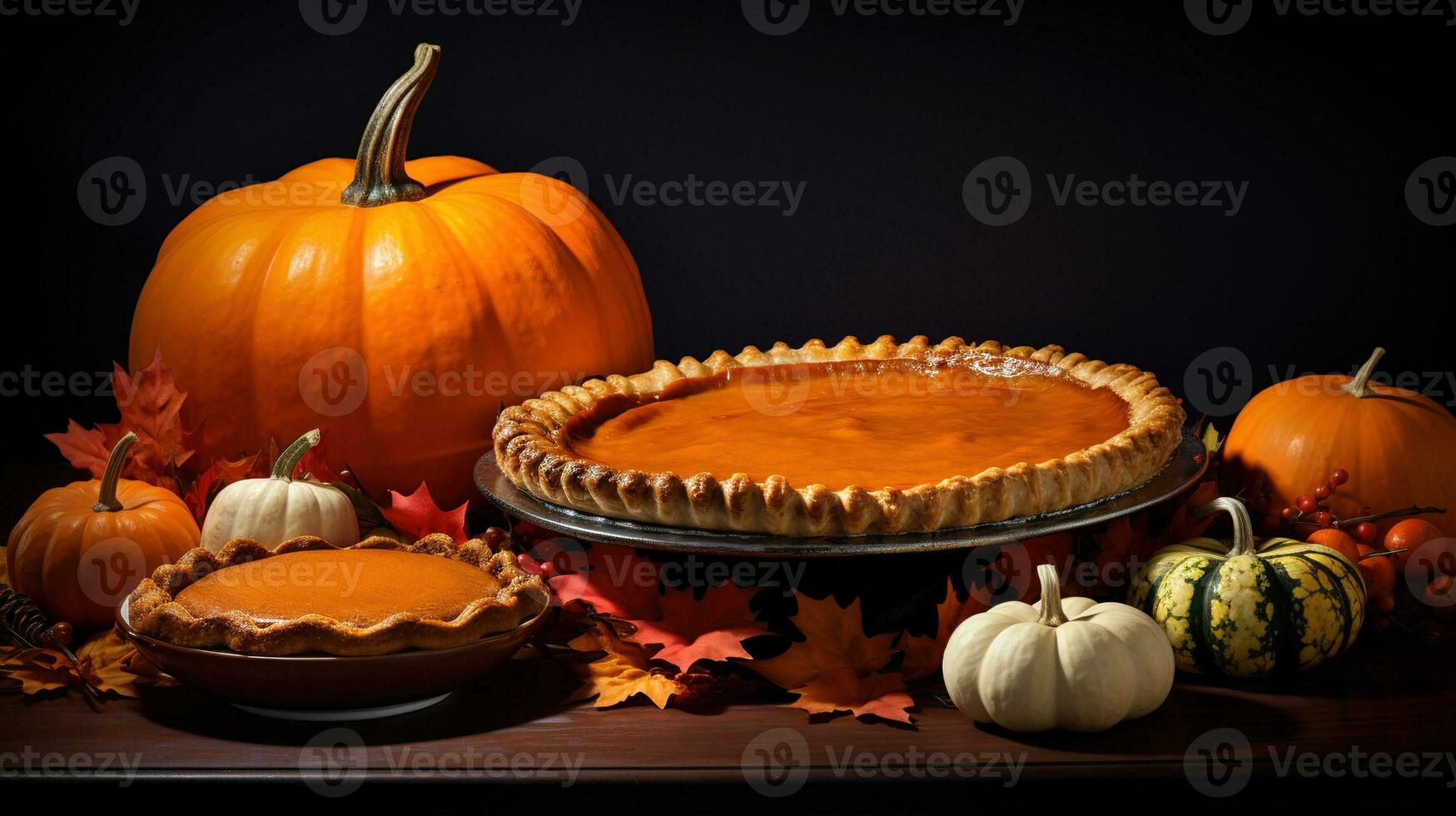 Pumpkin pie on a beautiful tray, wooden table. Pumpkins and autumn leaves, attributes for Thanksgiving. AI generative. photo