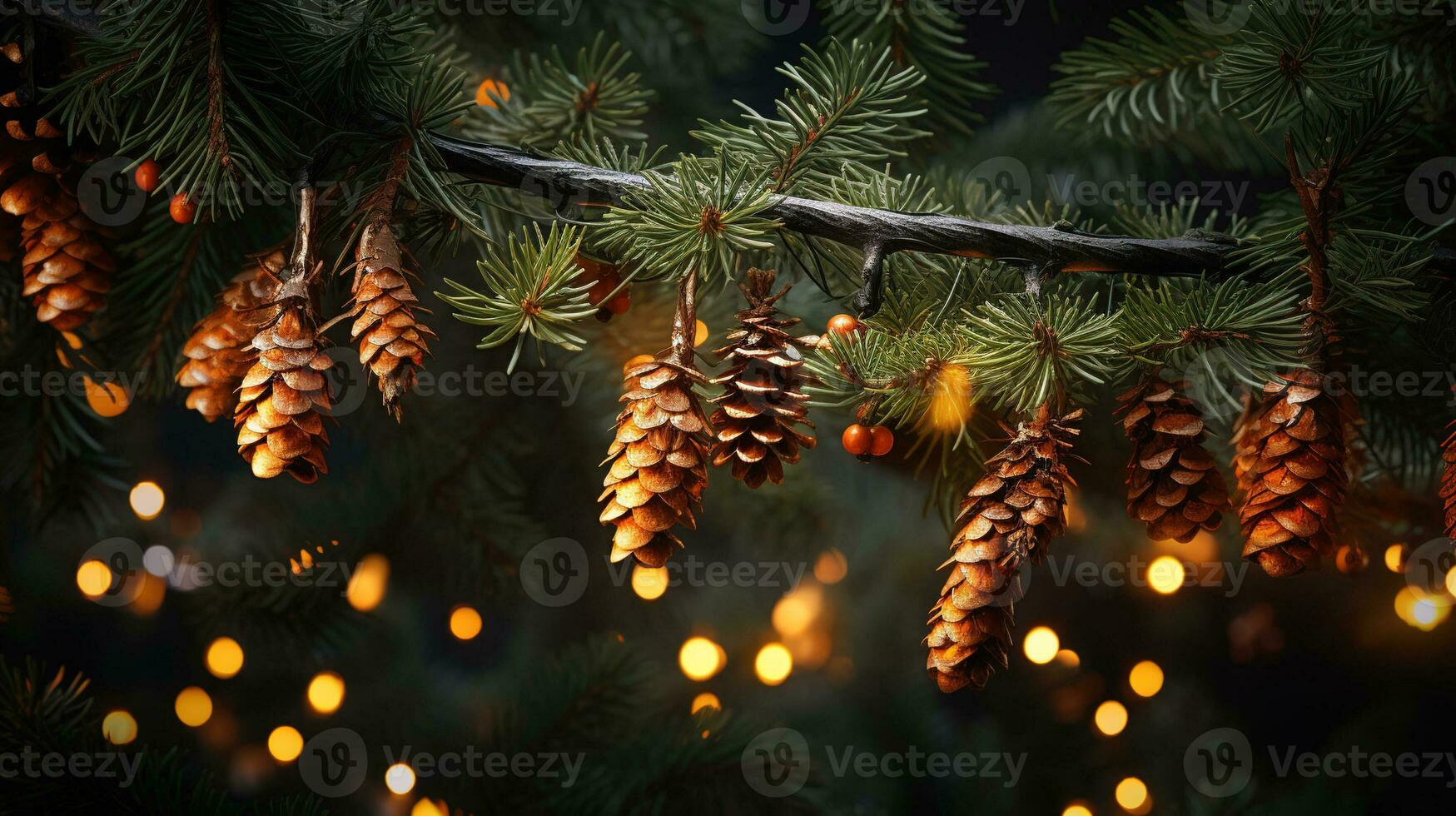 rama abeto árbol con conos y guirnalda, Navidad antecedentes. ai generativo. foto