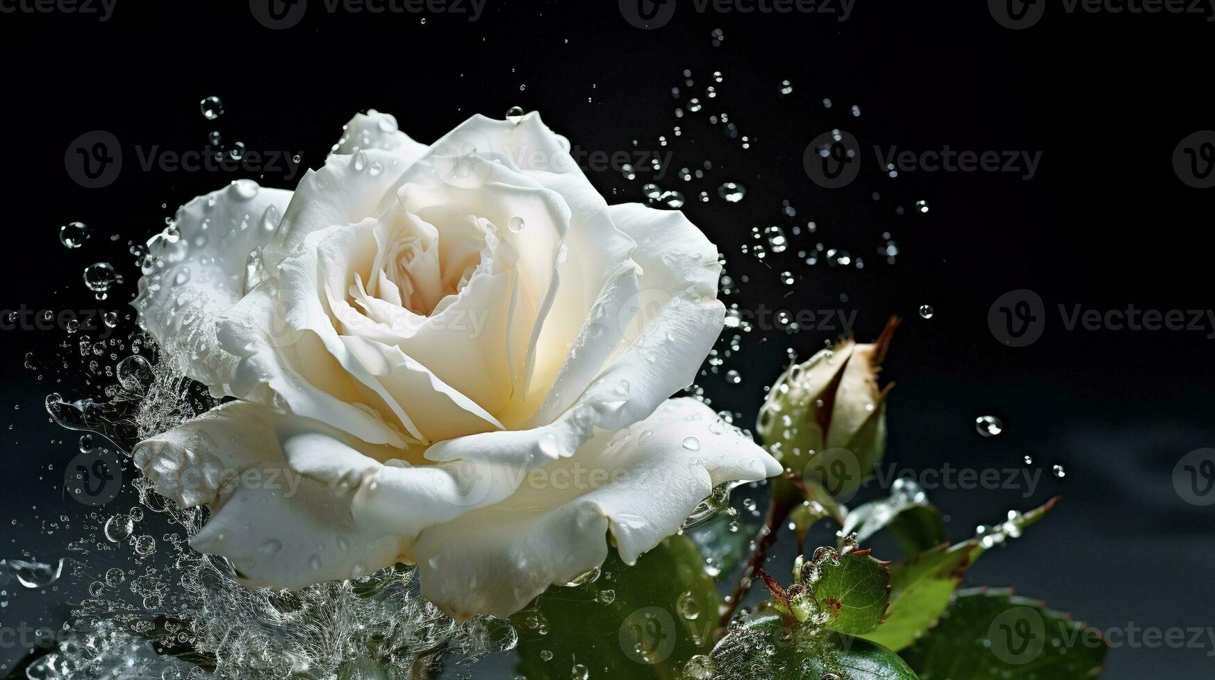 White rose with water splash and drops on a black background. Close-up. AI generative. photo