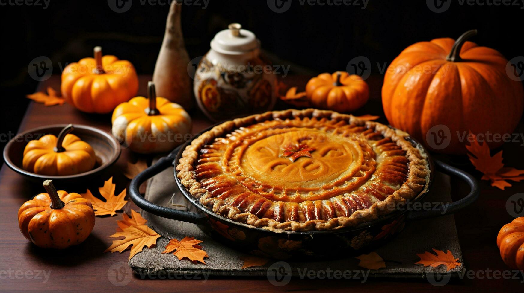 Pumpkin pie on a beautiful tray, wooden table. Pumpkins and autumn leaves, attributes for Thanksgiving. AI generative. photo