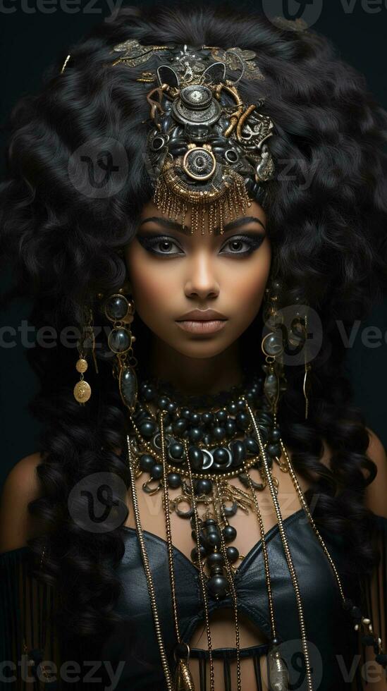 Black goddess, a queen and a princess. Beautiful african american woman in gold jewelry. AI generative. photo