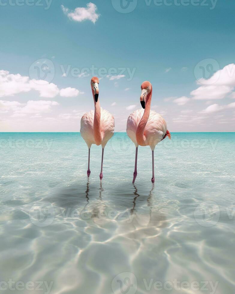 Two flamingos standing in the water on a background of blue sky,AI Generative photo