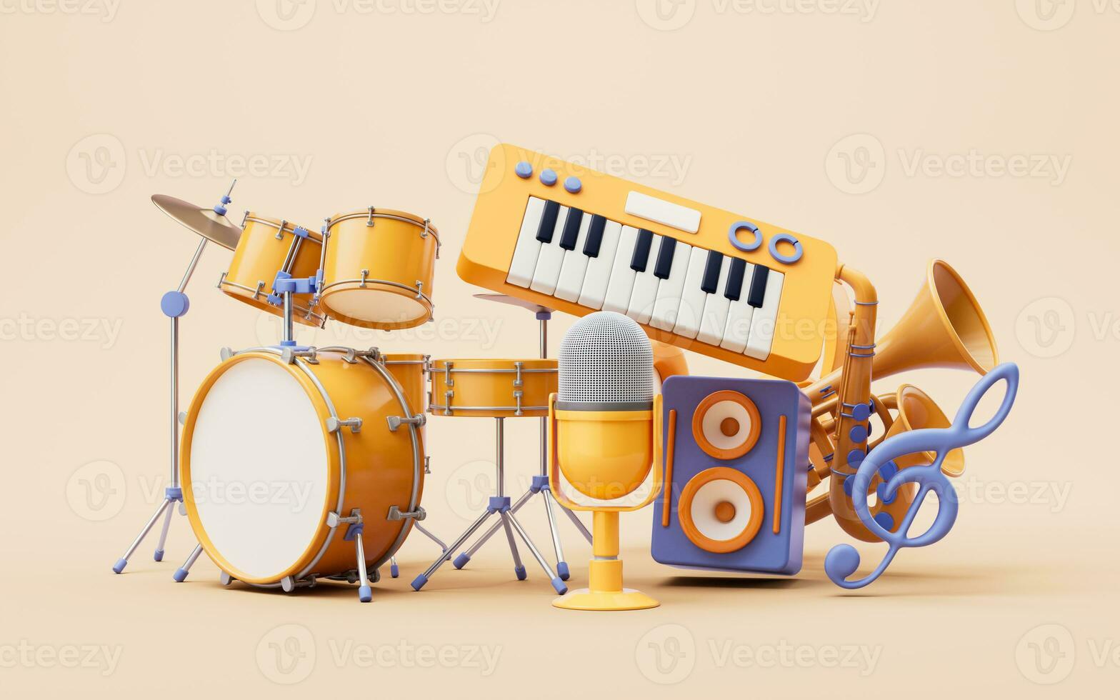 Music instruments with cartoon style, 3d rendering. photo