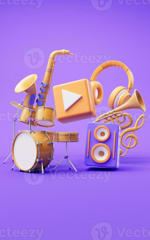 Music instruments with cartoon style, 3d rendering. photo