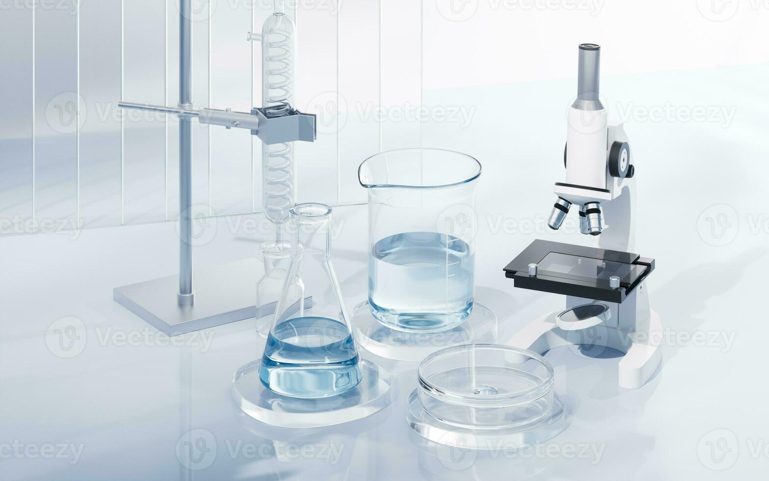 Glassware and microscope in the laboratory, 3d rendering. photo