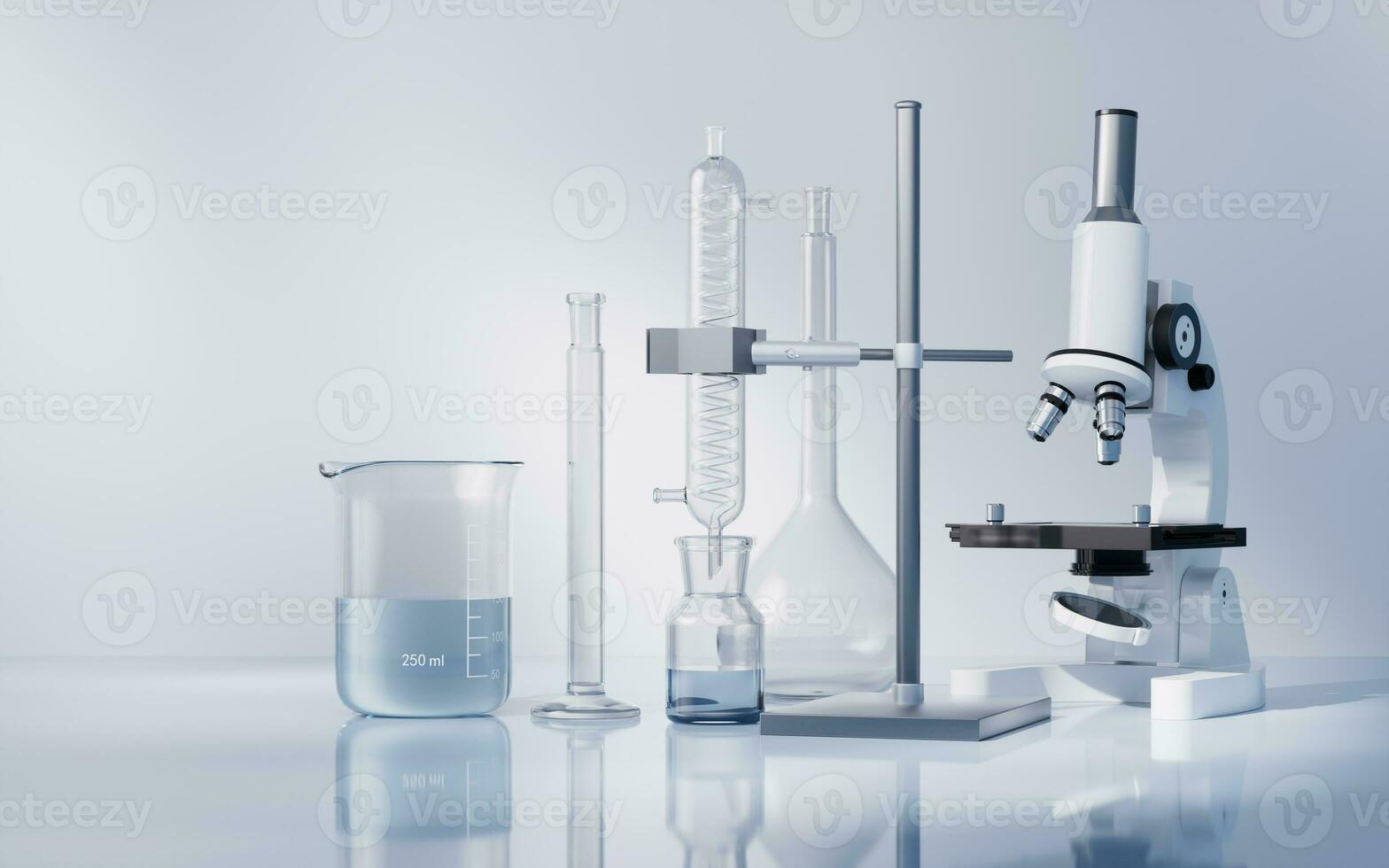 Glassware and microscope in the laboratory, 3d rendering. photo