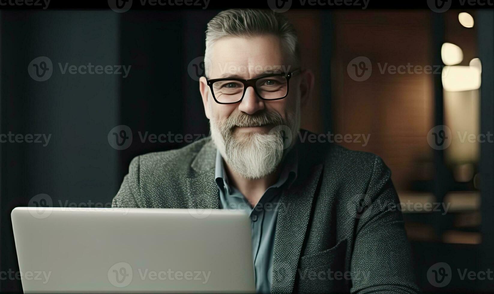 A businessman typing on a laptop in a modern office. Creating using generative AI tools photo