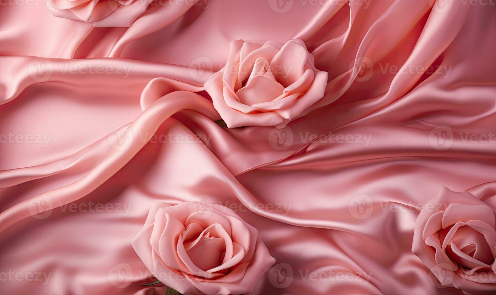 The combination of the soft pink hue and the intricate rose patterns in the abstract smooth pink silk background creates a romantic and feminine atmosphere. Creating using generative AI tools photo