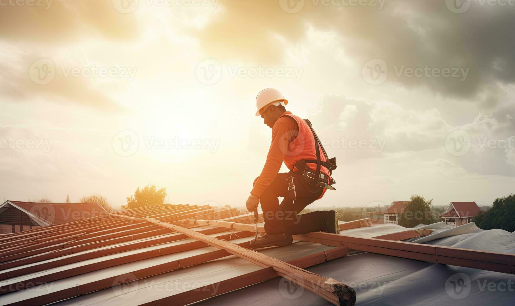 Safety harness belt used by construction worker on roof project Creating using generative AI tools photo