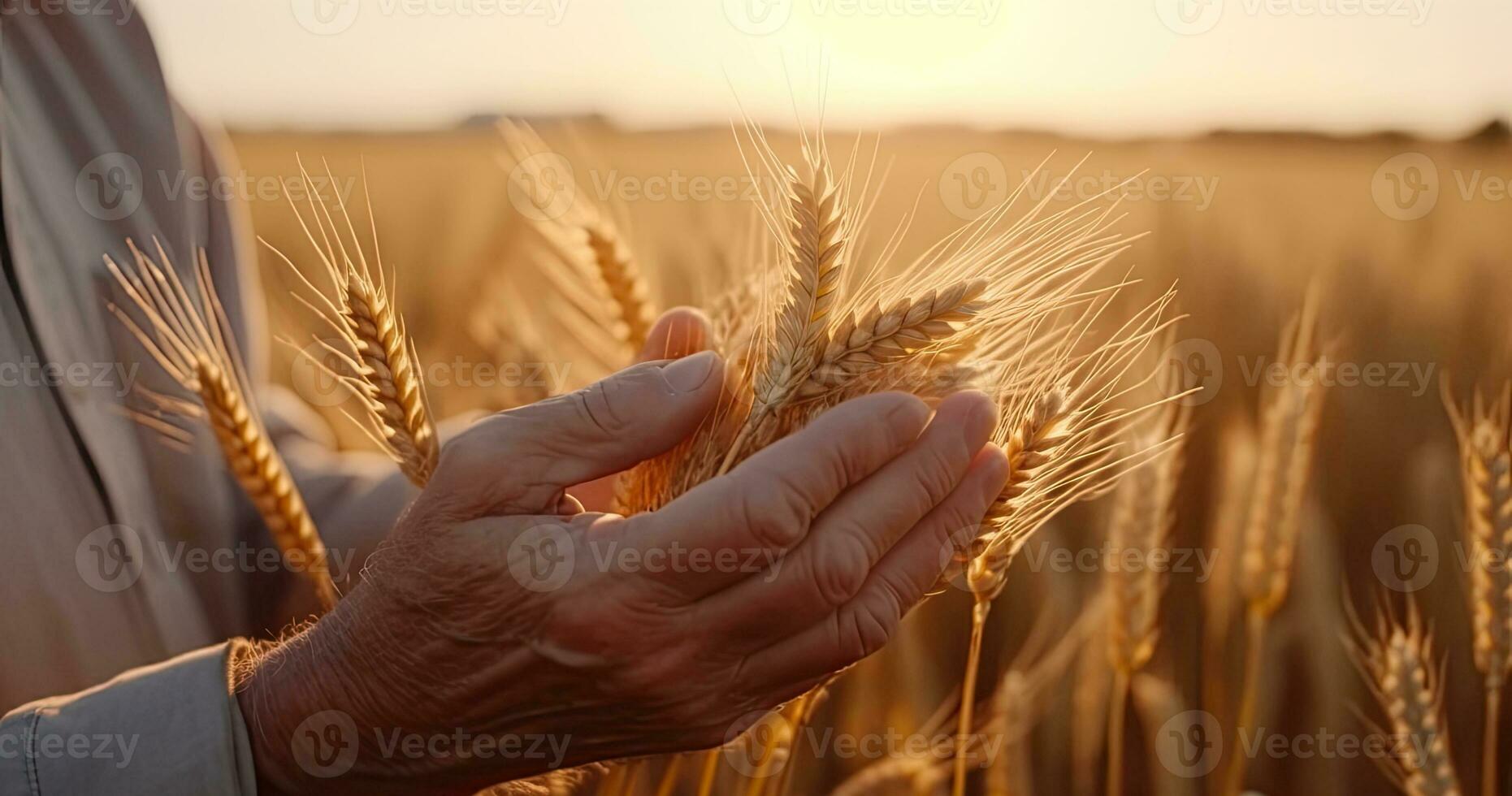 Close-up of a man holding a bundle of golden wheat stalks. Creating using generative AI tools photo