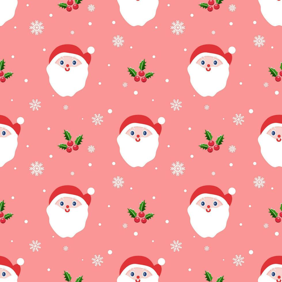 Cute Santa face with holly on a pastel pink background with snowflakes. Seamless Christmas pattern vector
