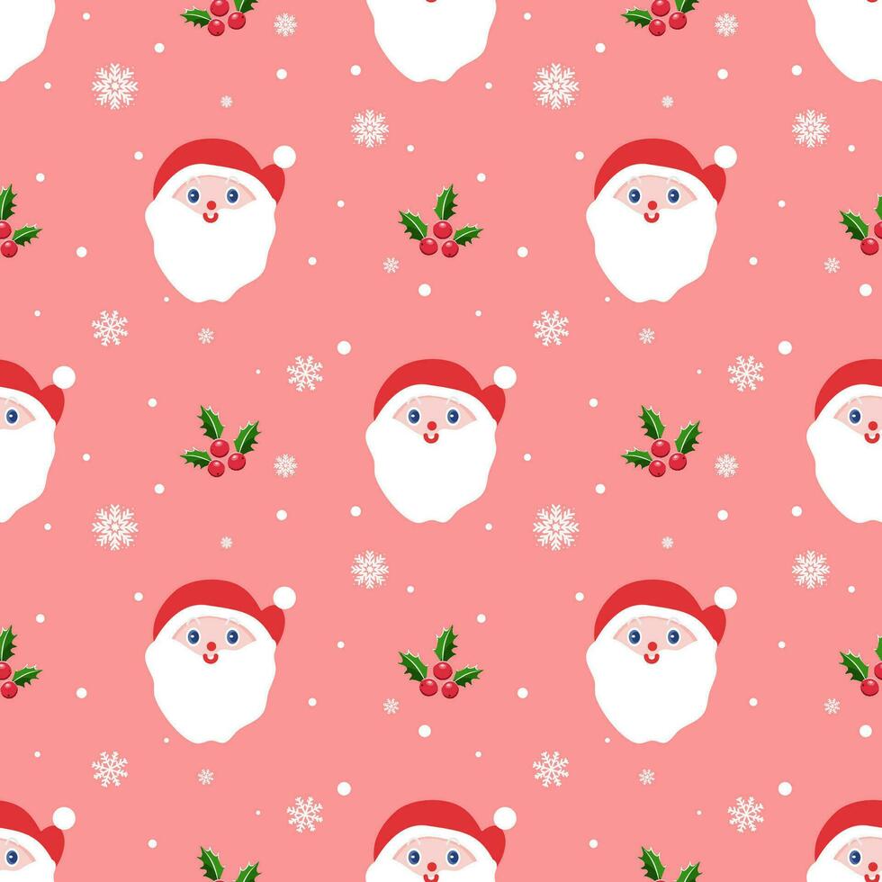 Cute Santa face with holly on a pastel pink background with snowflakes. Seamless Christmas pattern vector