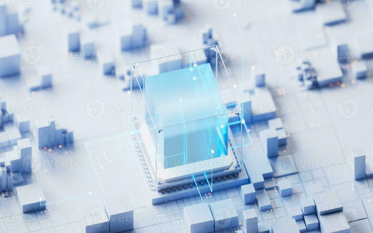 tecnología circuito tablero y centro, 3d representación. foto