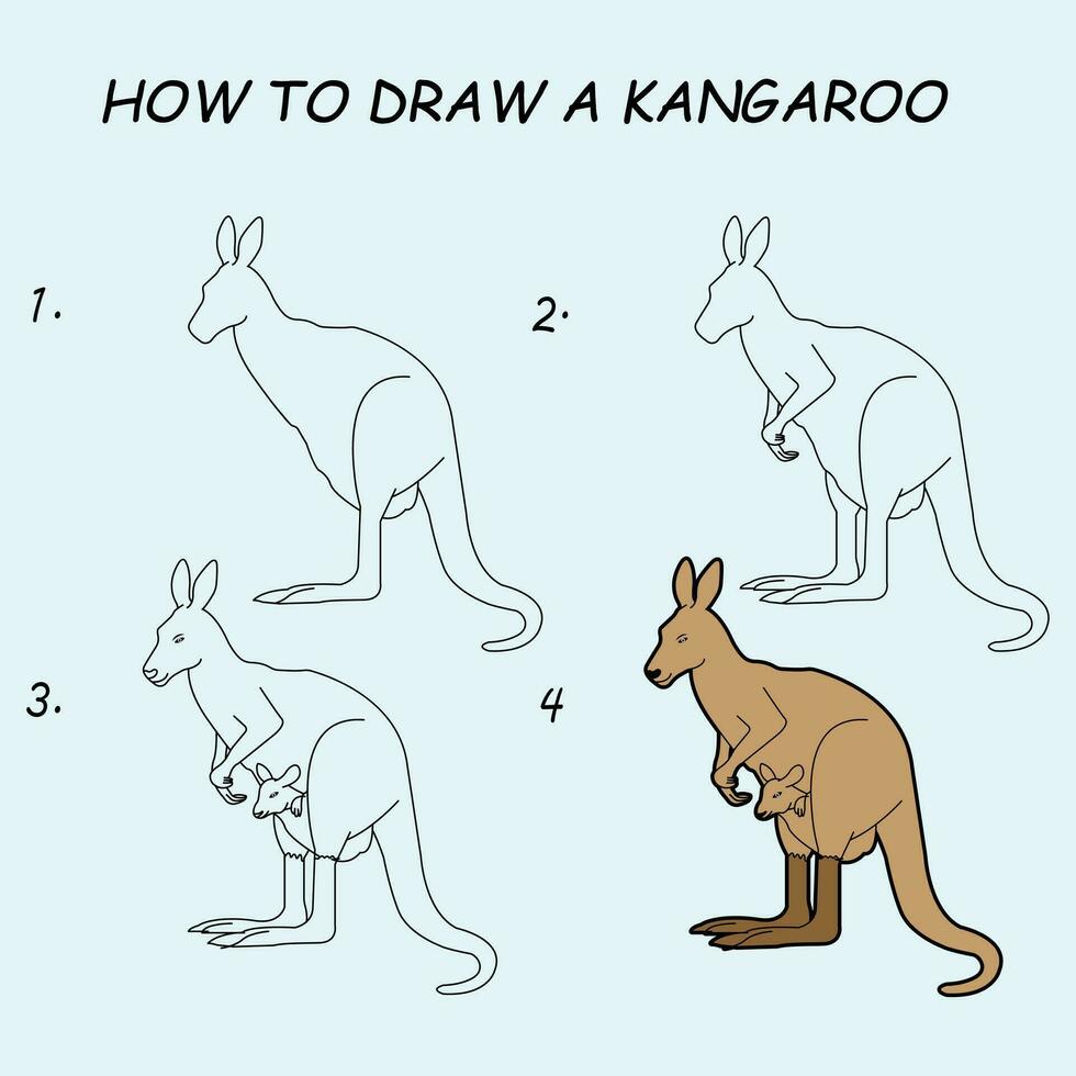 Step by step to draw a Kangaroo. Drawing tutorial a Kangaroo. Drawing lesson for children. Vector illustration