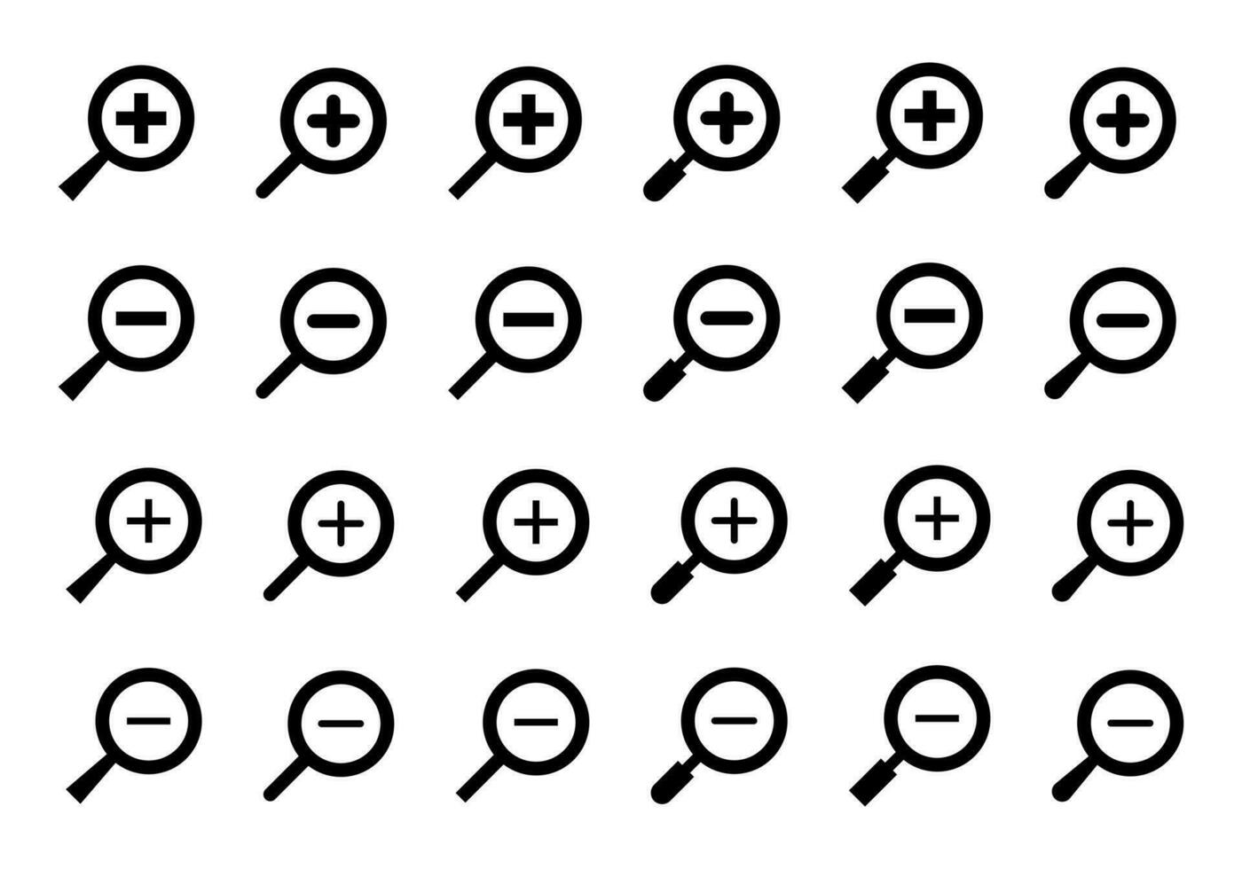 Zoom in and zoom out icon vector in flat style. Magnifying glass plus and magnifier minus sign symbol