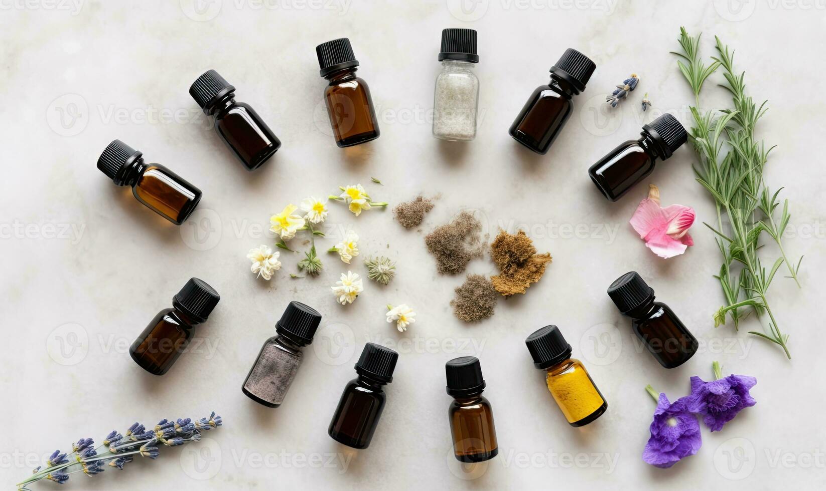 From above, a stunning assortment of essential oils forms an aromatic mosaic. Creating using generative AI tools photo