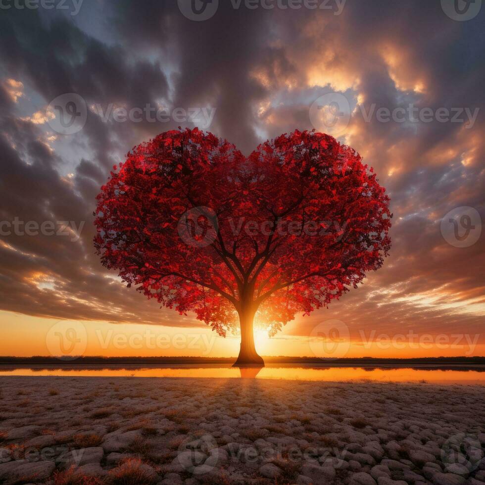 Red Heart Shaped Tree on sunset. AI Generated photo