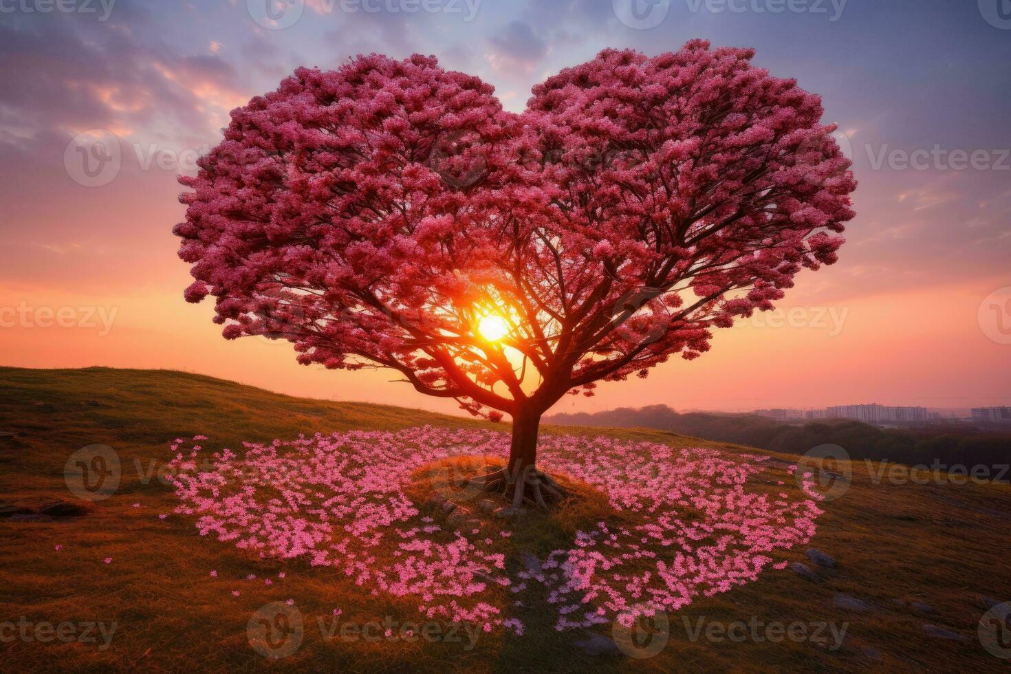 Red Heart Shaped Tree on sunset. AI Generated photo