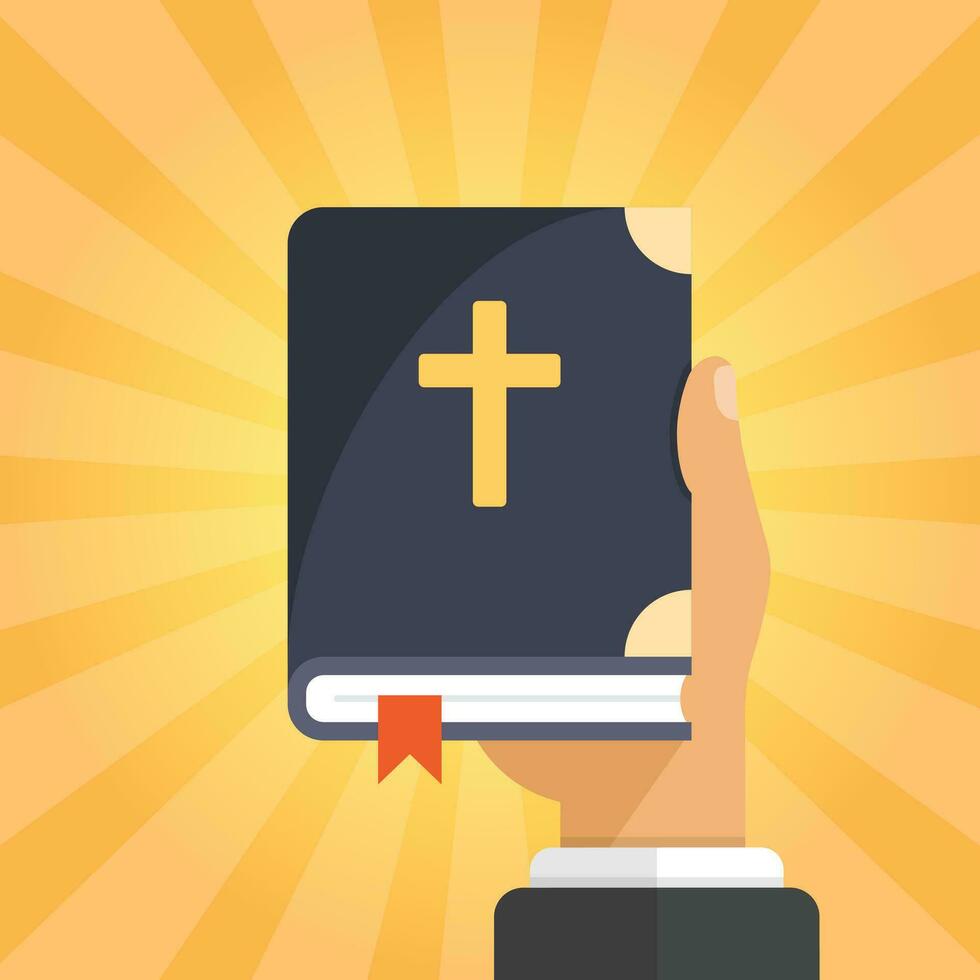 Holy bible in hand icon in flat style. Christianity book vector illustration on isolated background. Religion sign business concept.