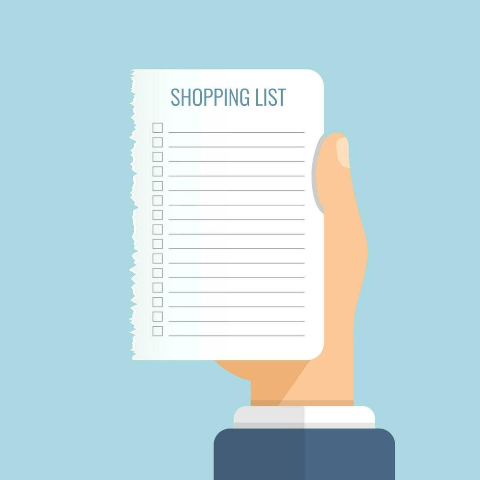 Shopping list in hand icon in flat style. Memo pages vector illustration on isolated background. Daily planner sign business concept.