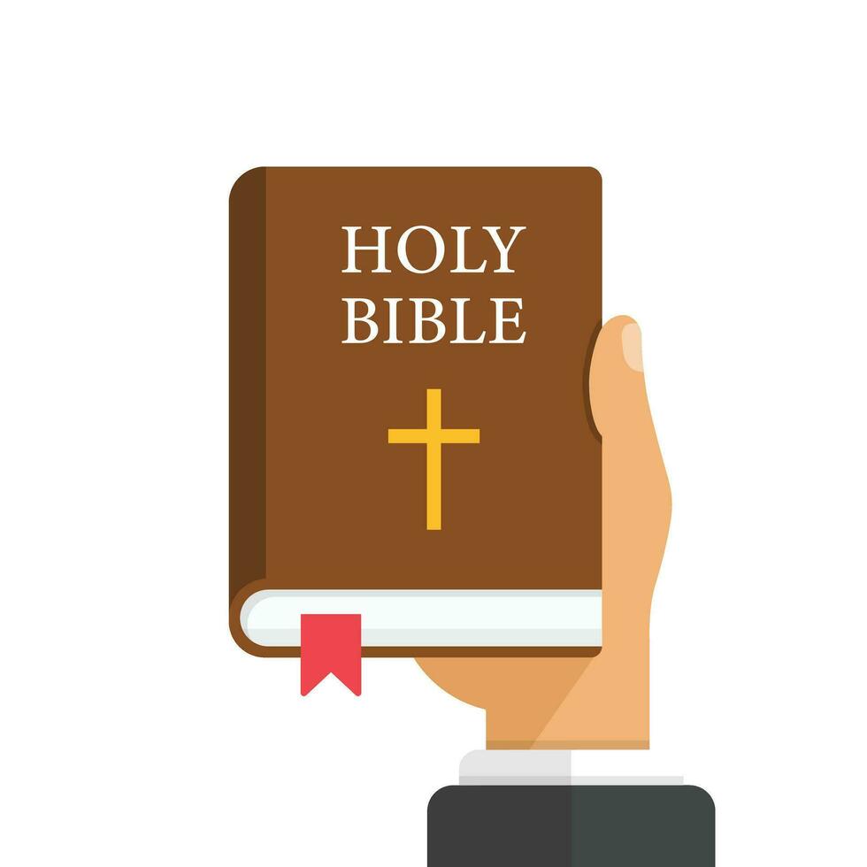 Holy bible in hand icon in flat style. Christianity book vector illustration on isolated background. Religion sign business concept.