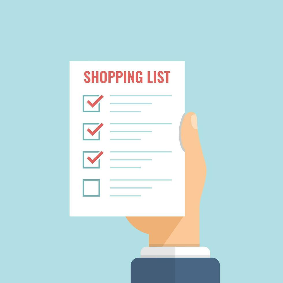 Shopping list in hand icon in flat style. Memo pages vector illustration on isolated background. Daily planner sign business concept.