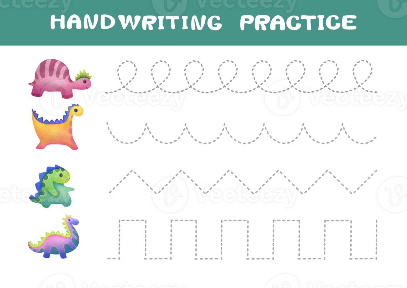 Tracing lines for children. Handwriting practice with Cartoon dinosaurs. Educational game for preschool kids. Printable Page worksheet, learning study page nursery childish activity. Basic writing png