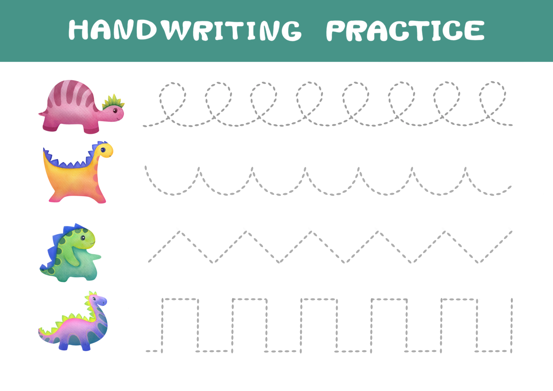 Tracing lines for children. Handwriting practice with Cartoon dinosaurs