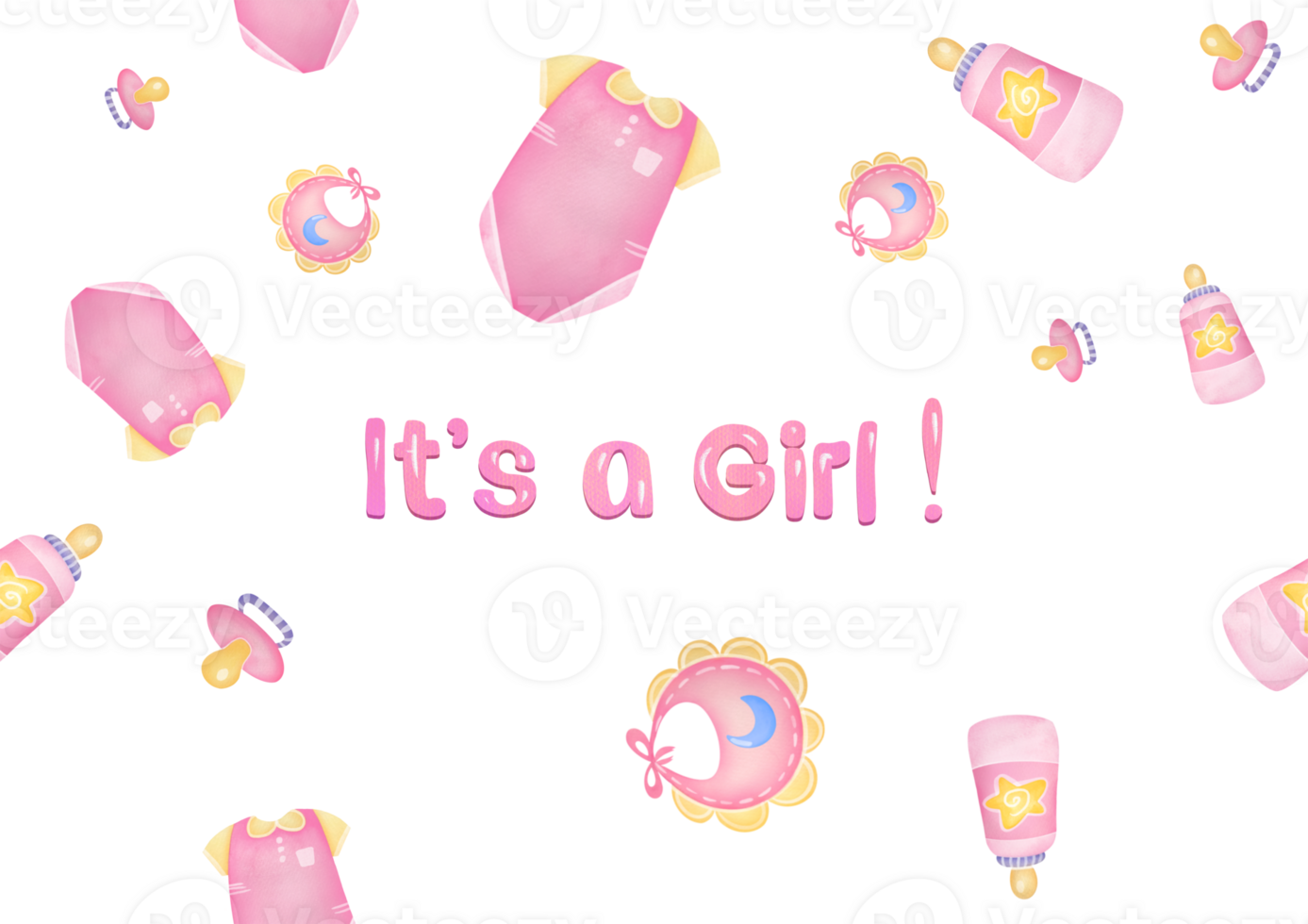 Watercolor hand drawn Invitation card background. Gender Reveal Party banner with pink vests, overalls, bibs, handkerchiefs, pacifier, bottles, inscription it is a girl. cute flyer design png