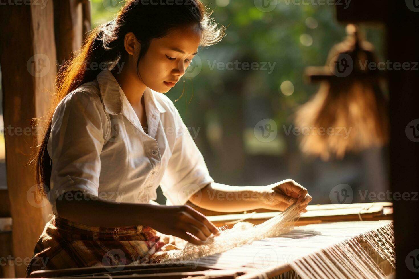 Master weaver is weaving fabric . AI Generated photo