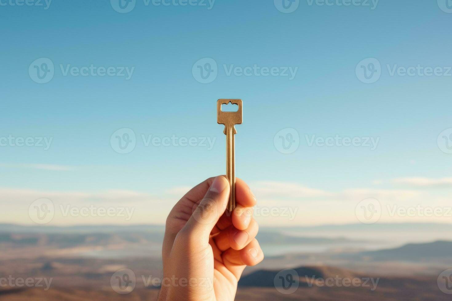 Hand holding key on sky background . AI Generated photo